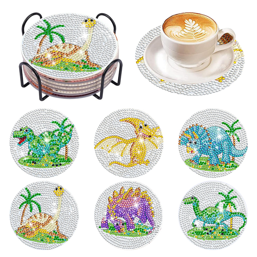 6 Pcs Acrylic Diamond Painting Coasters Kits with Holder for Beginner (Dinosaur)