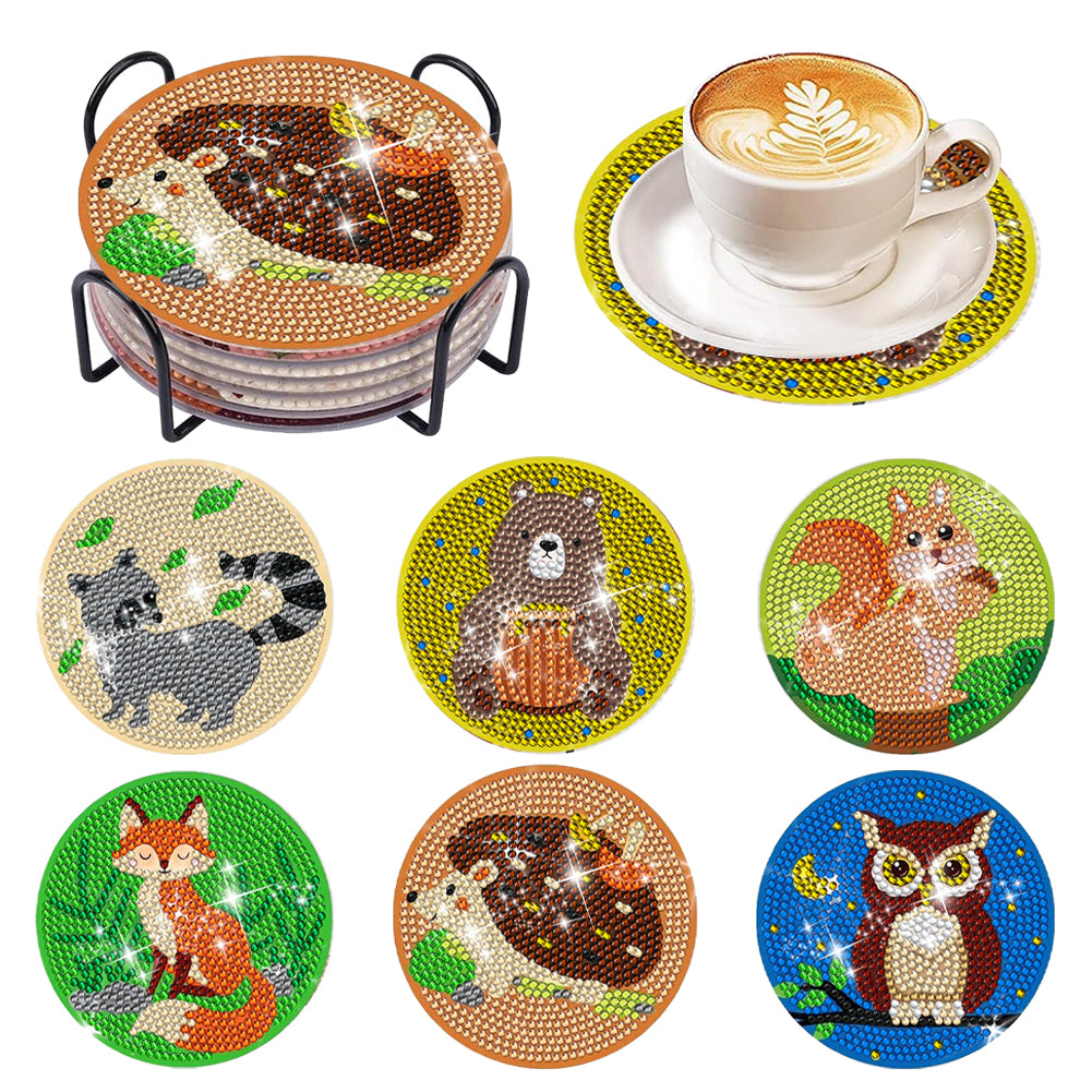6 Pcs Acrylic Diamond Painting Coasters Kits with Holder for Beginner (Animals)