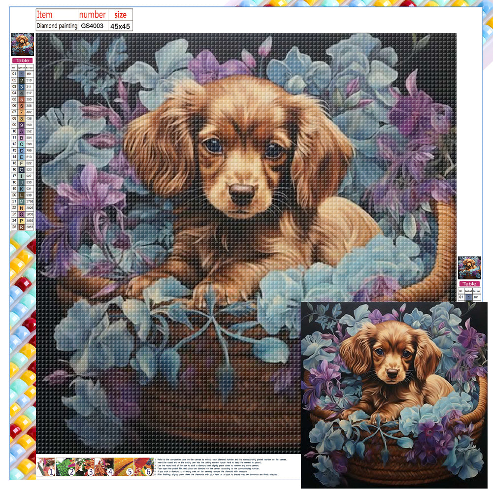 Diamond Painting - Full Square - flower basket puppy (45*45CM)