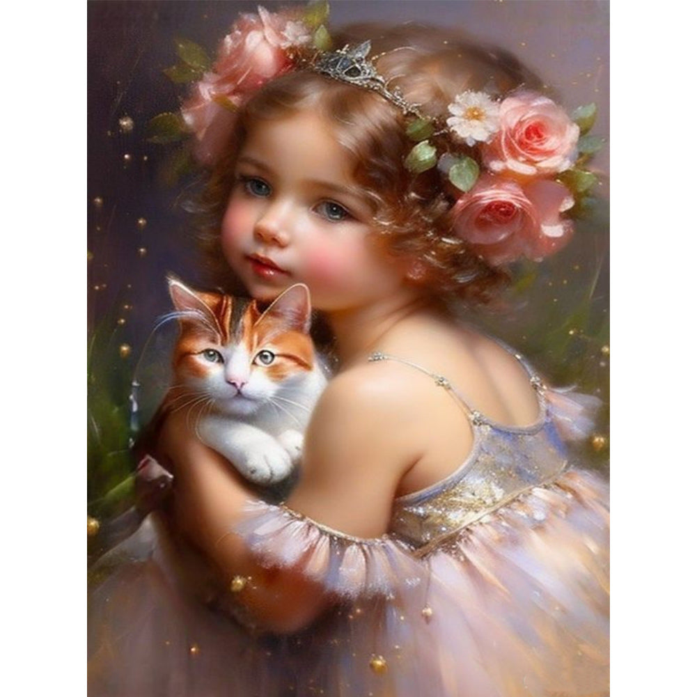 Diamond Painting - Full Round - little girl holding cat (30*40CM)