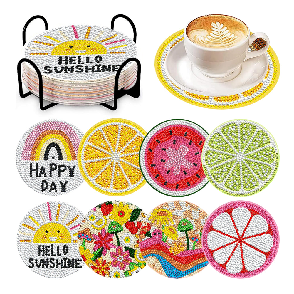 6/8 Pcs Acrylic Summer Beach Diamond Painting Coasters with Holder Cork Pads