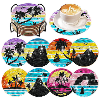 6/8 Pcs Acrylic Summer Beach Diamond Painting Coasters with Holder Cork Pads