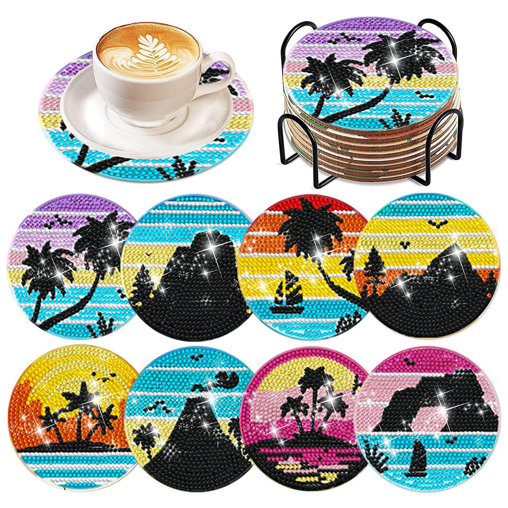 6/8 Pcs Acrylic Summer Beach Diamond Painting Coasters with Holder Cork Pads