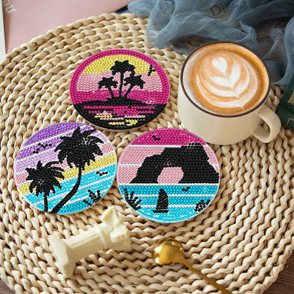 6/8 Pcs Acrylic Summer Beach Diamond Painting Coasters with Holder Cork Pads