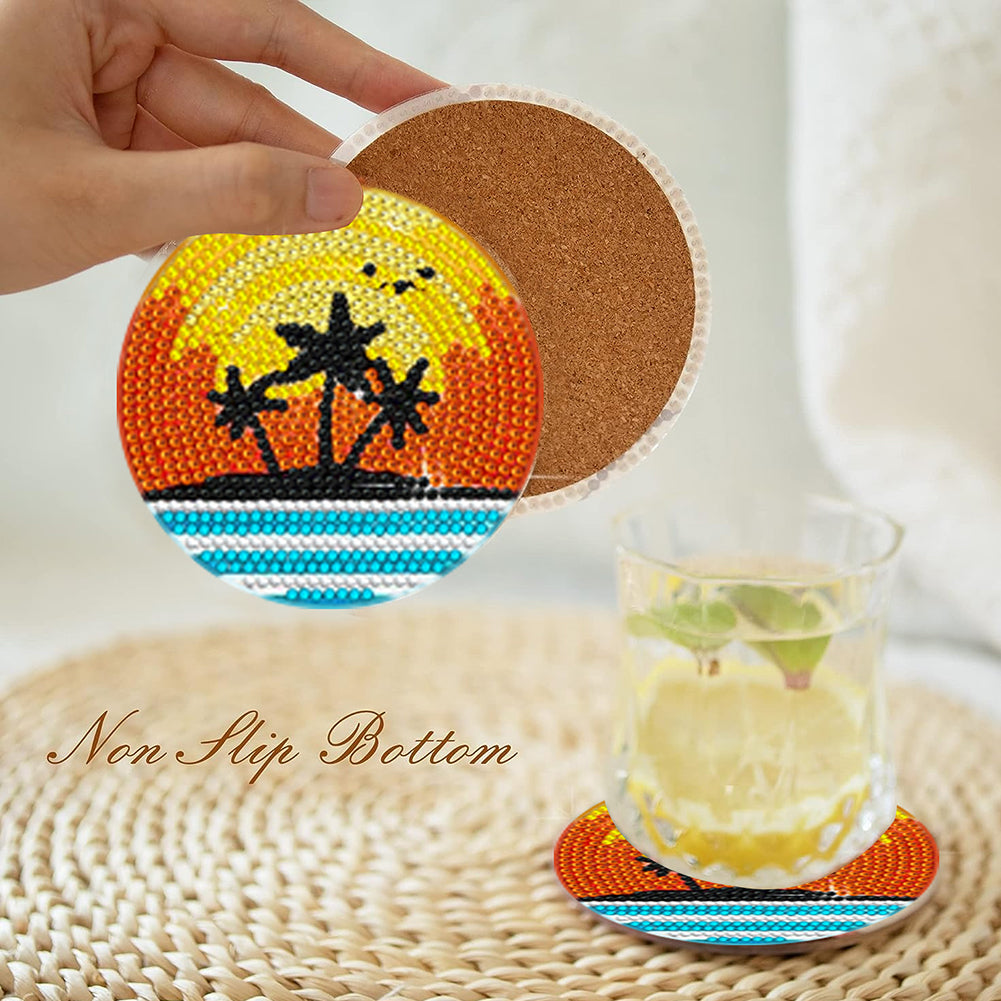 6/8 Pcs Acrylic Summer Beach Diamond Painting Coasters with Holder Cork Pads