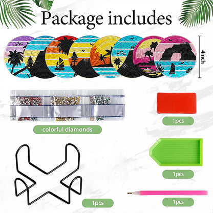 6/8 Pcs Acrylic Summer Beach Diamond Painting Coasters with Holder Cork Pads