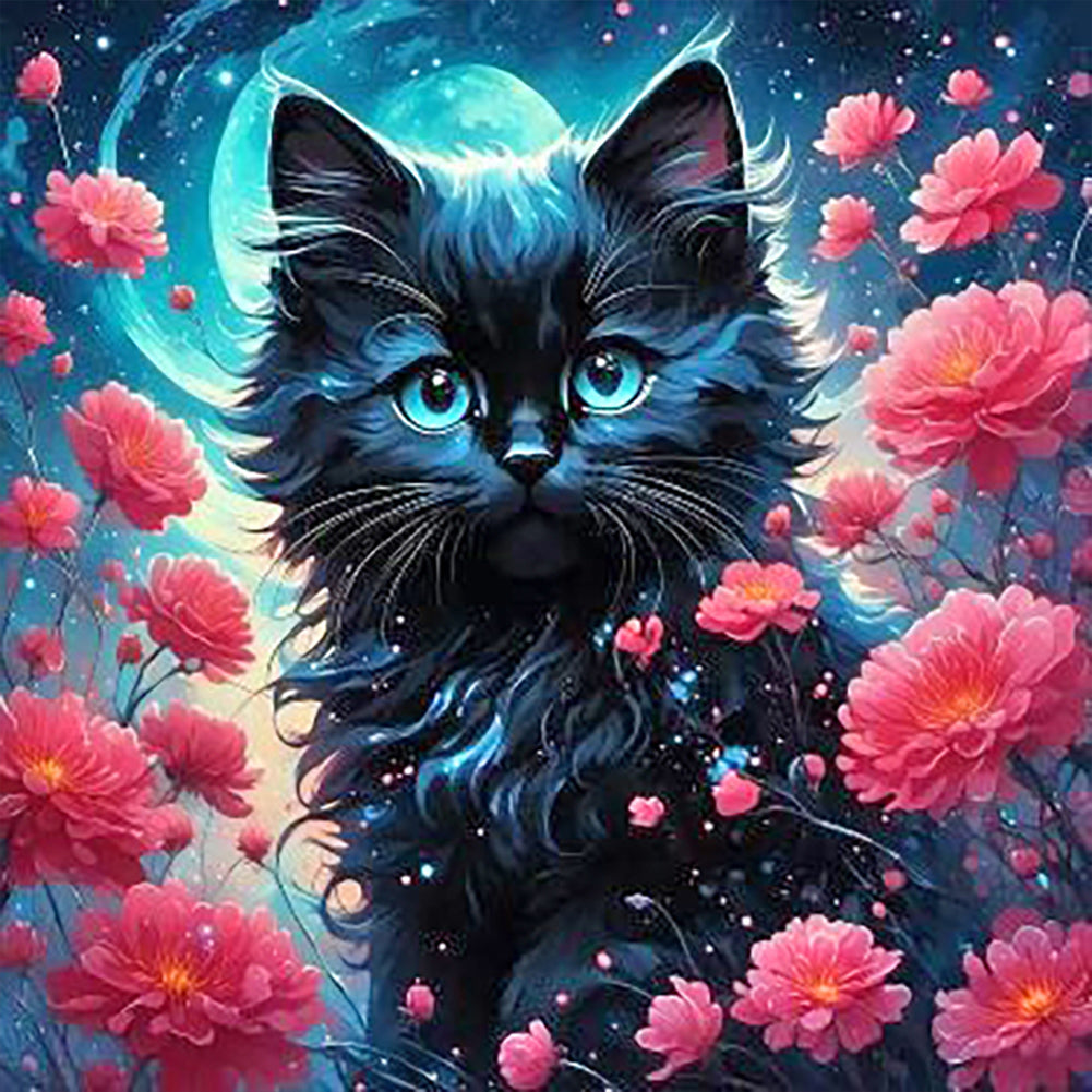 Diamond Painting - Full Round - Black cat under the moon (30*30CM)