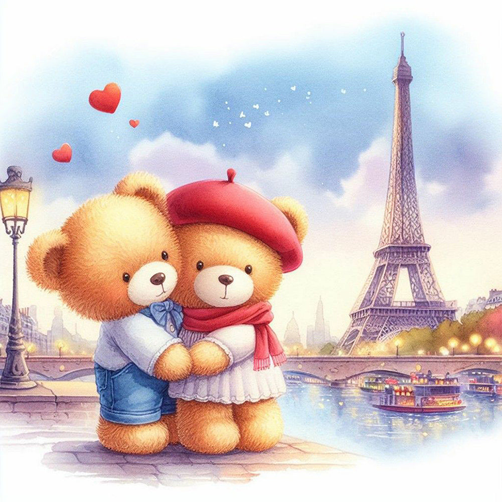 Diamond Painting - Full Round - Couple bears looking at the iron tower (40*40CM)