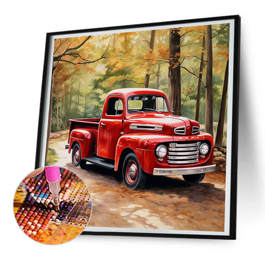 Diamond Painting - Full Round - Little red car in the woods (30*30CM)