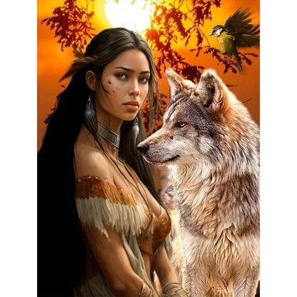 Diamond Painting - Full Round - indian wolf girl (30*40CM)