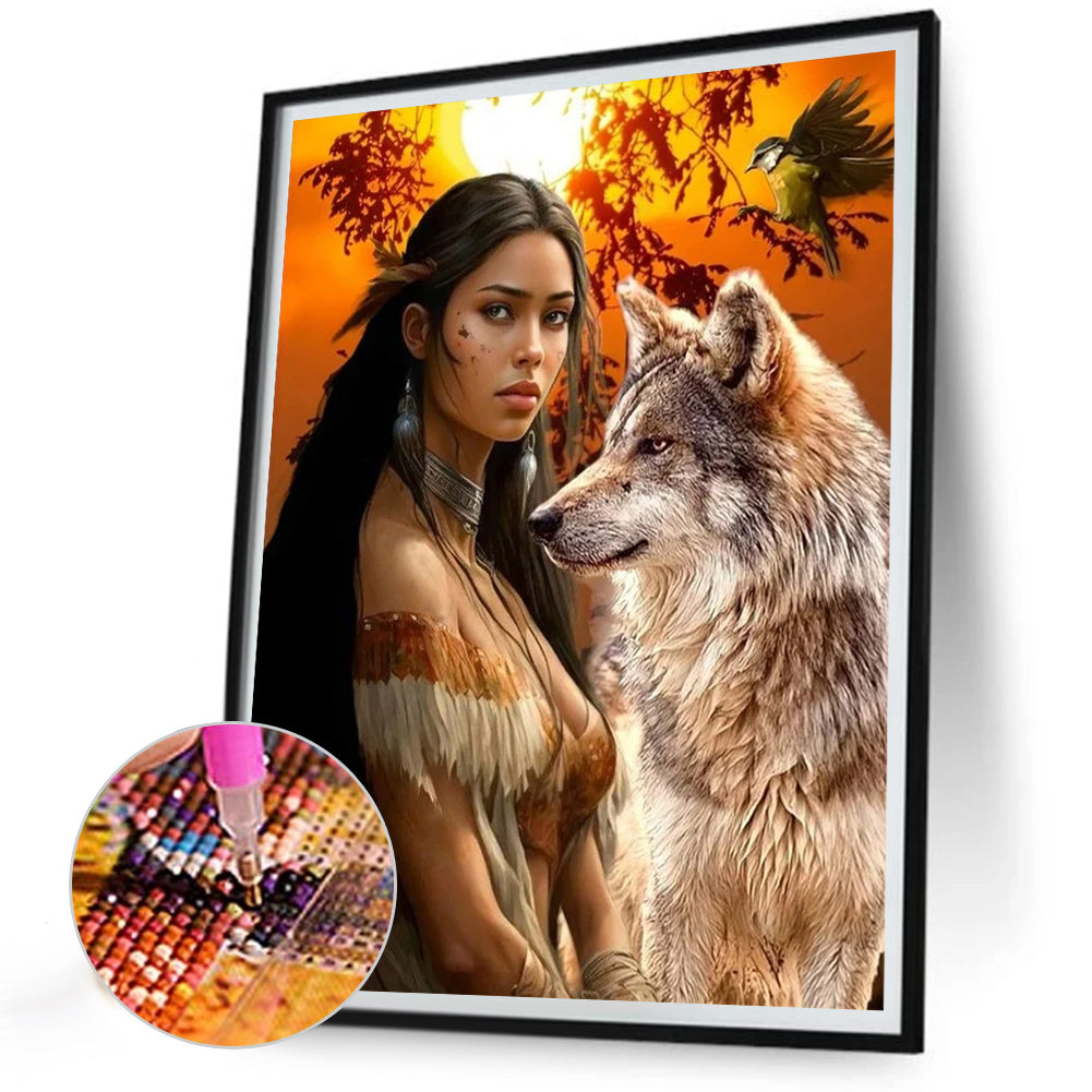 Diamond Painting - Full Round - indian wolf girl (30*40CM)