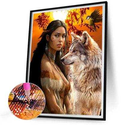 Diamond Painting - Full Round - indian wolf girl (30*40CM)