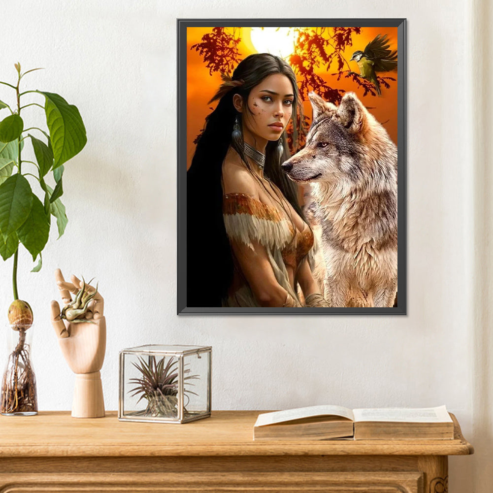 Diamond Painting - Full Round - indian wolf girl (30*40CM)