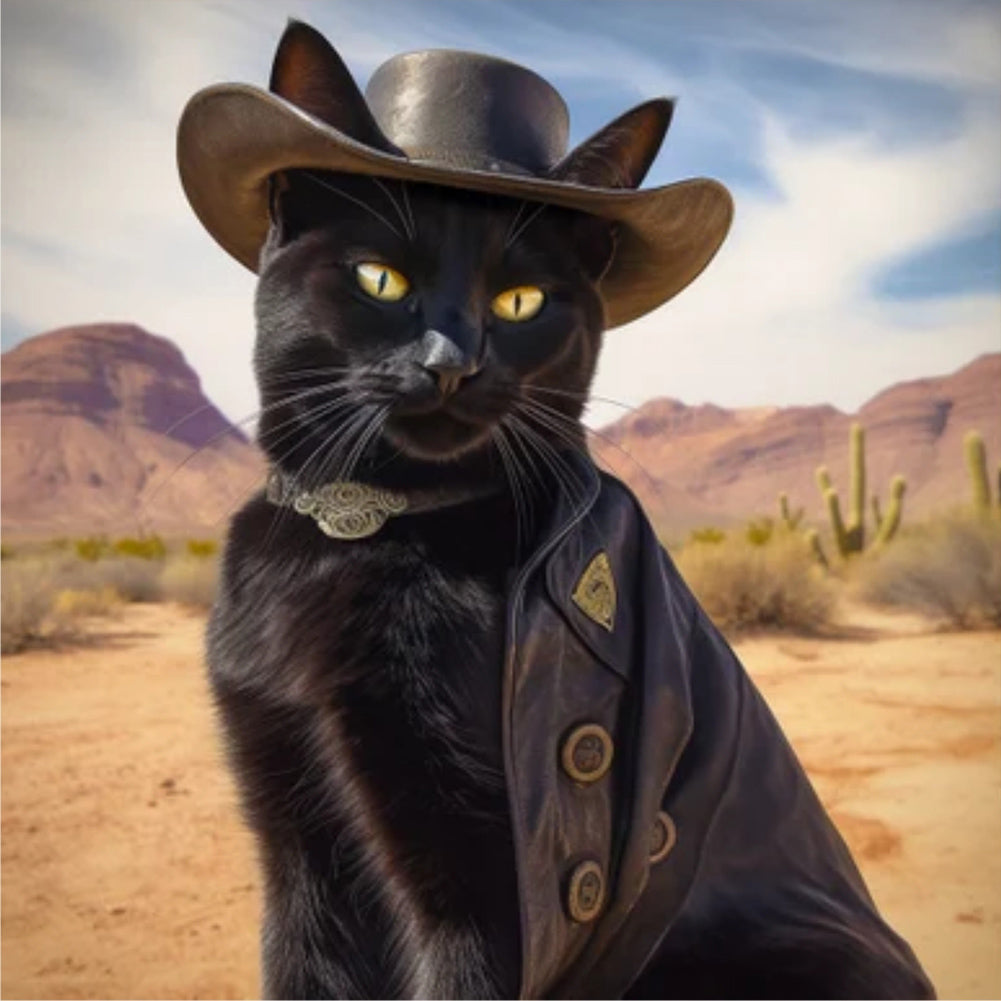 Diamond Painting - Full Round - Desert cool cowboy black cat (30*30CM)