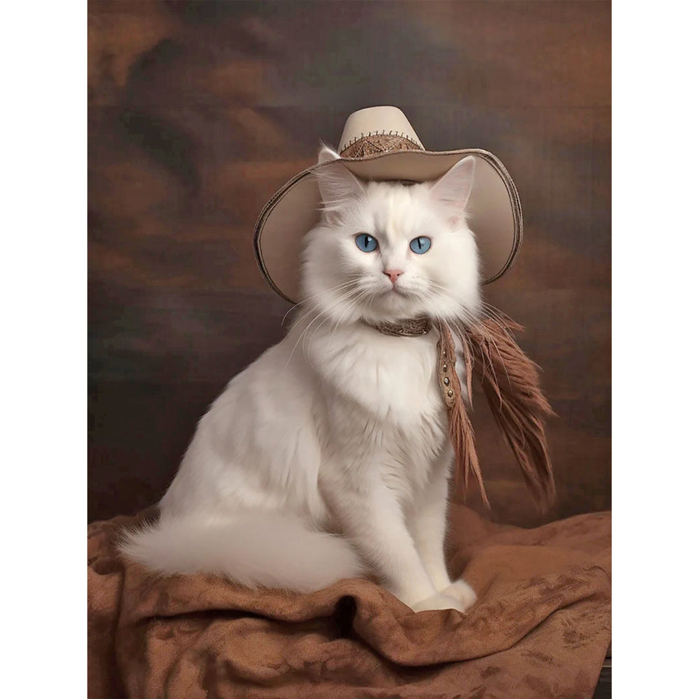 Diamond Painting - Full Round - Western handsome cowboy white cat (30*40CM)