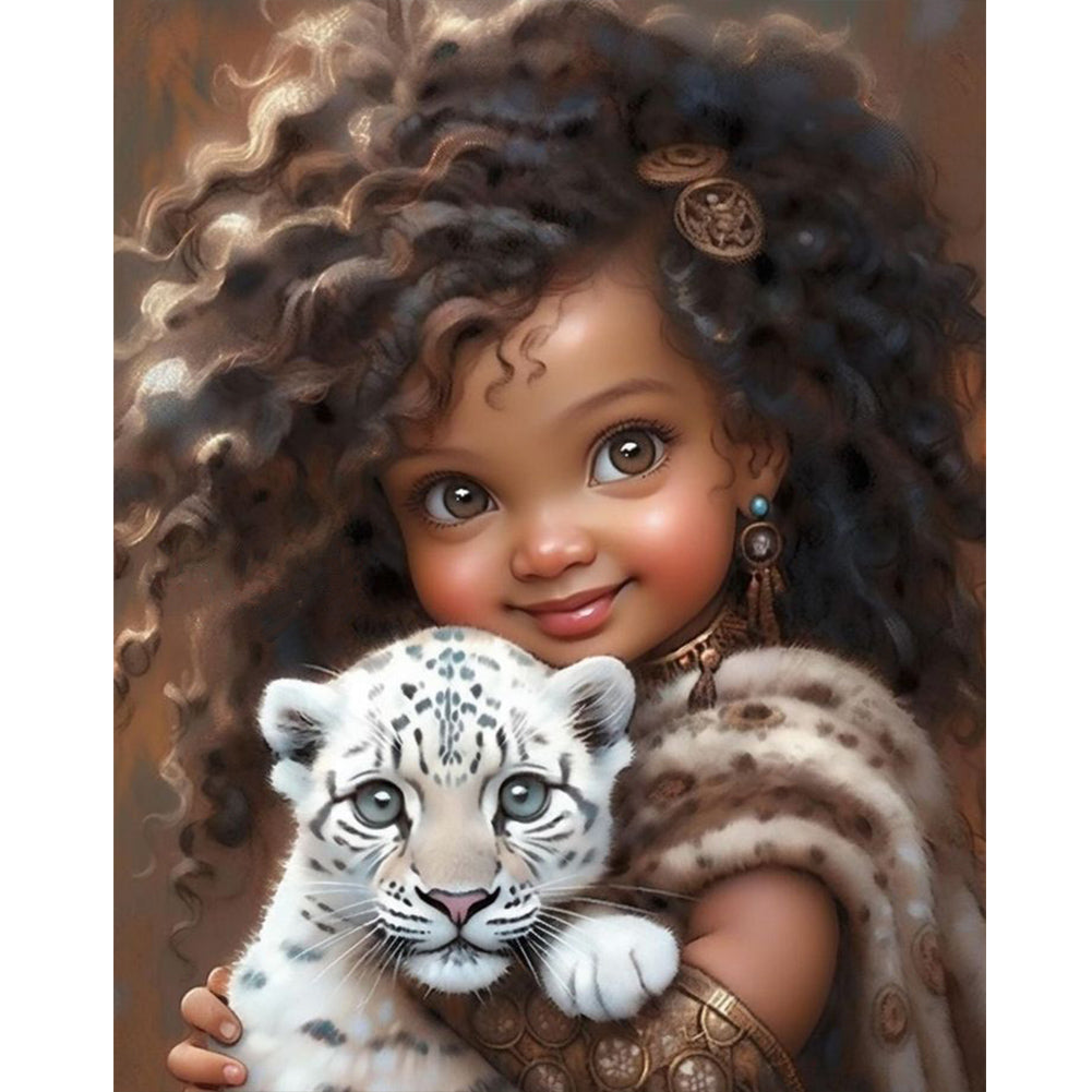 Diamond Painting - Full Round - girl holding tiger cub (40*50CM)