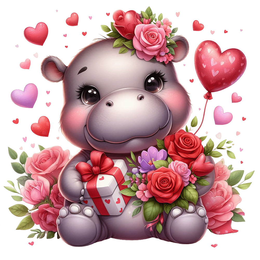 Diamond Painting - Full Round - love rose hippopotamus (30*30CM)