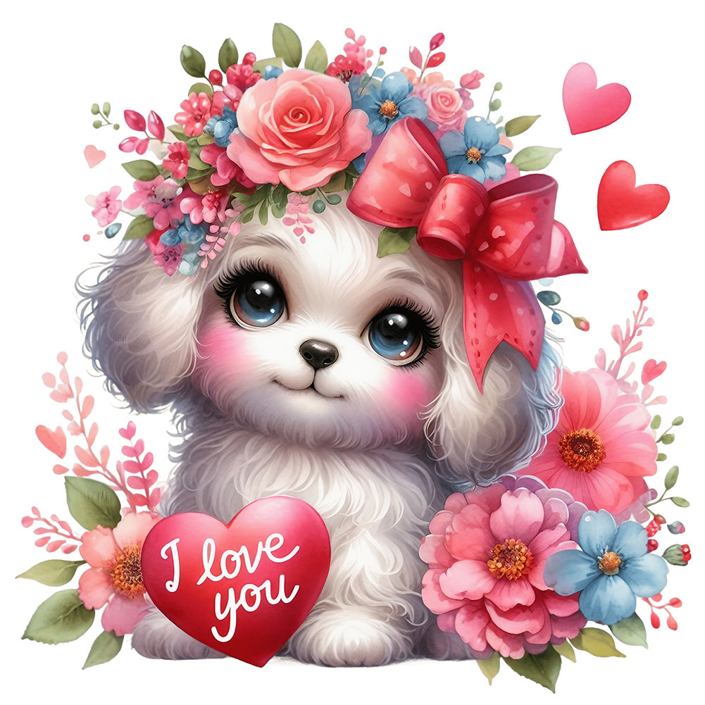 Diamond Painting - Full Round - love rose white dog (30*30CM)