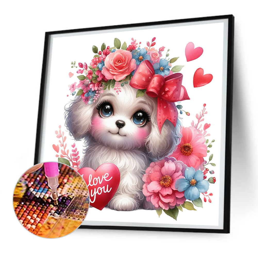 Diamond Painting - Full Round - love rose white dog (30*30CM)