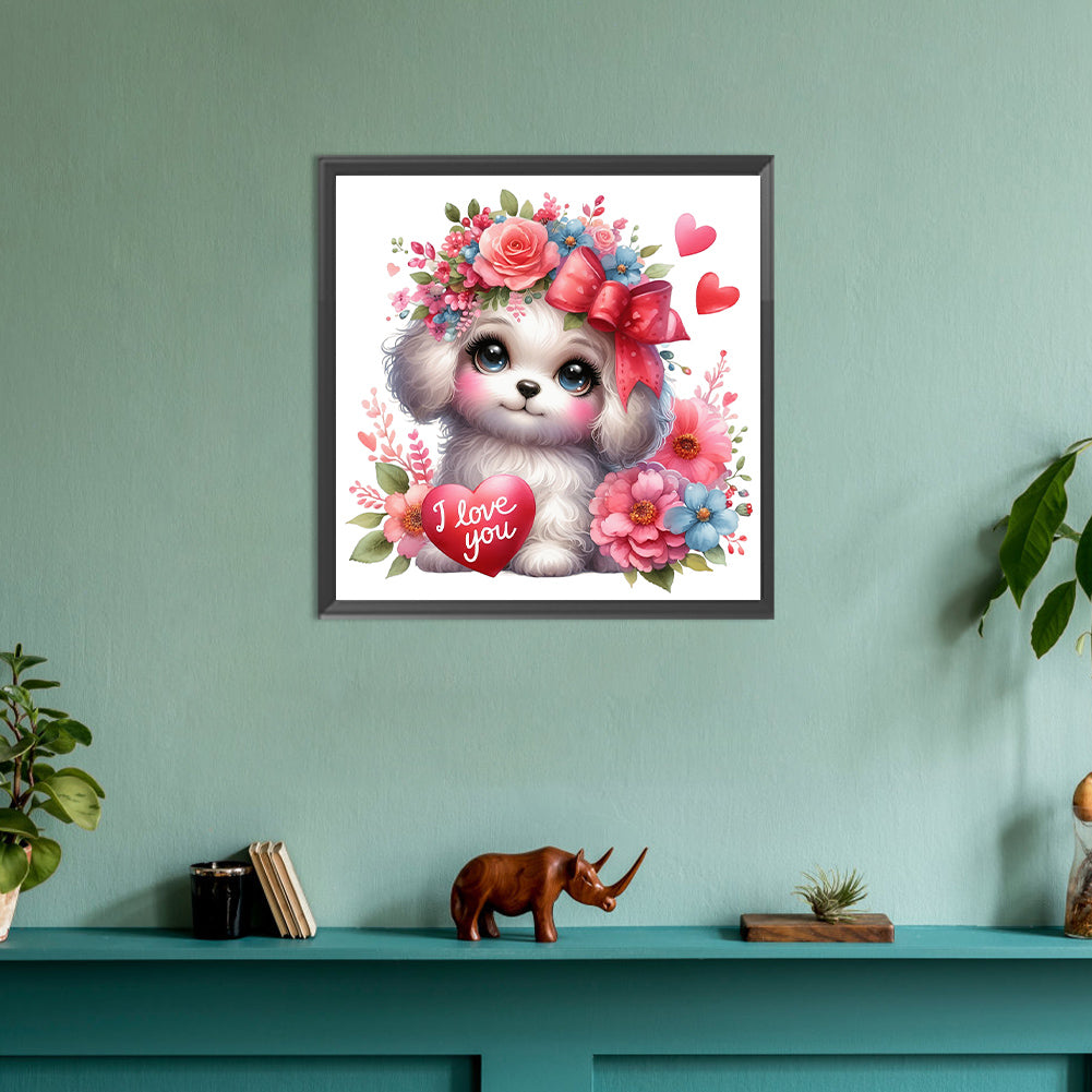 Diamond Painting - Full Round - love rose white dog (30*30CM)