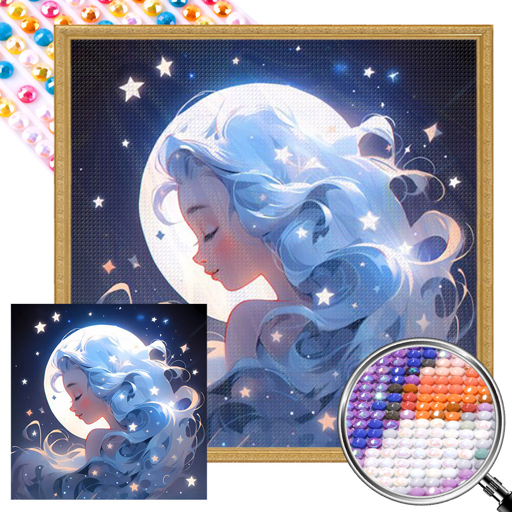 AB Diamond Painting - Full Round - Stars, Moon and Silver-Haired Girl (40*40CM)