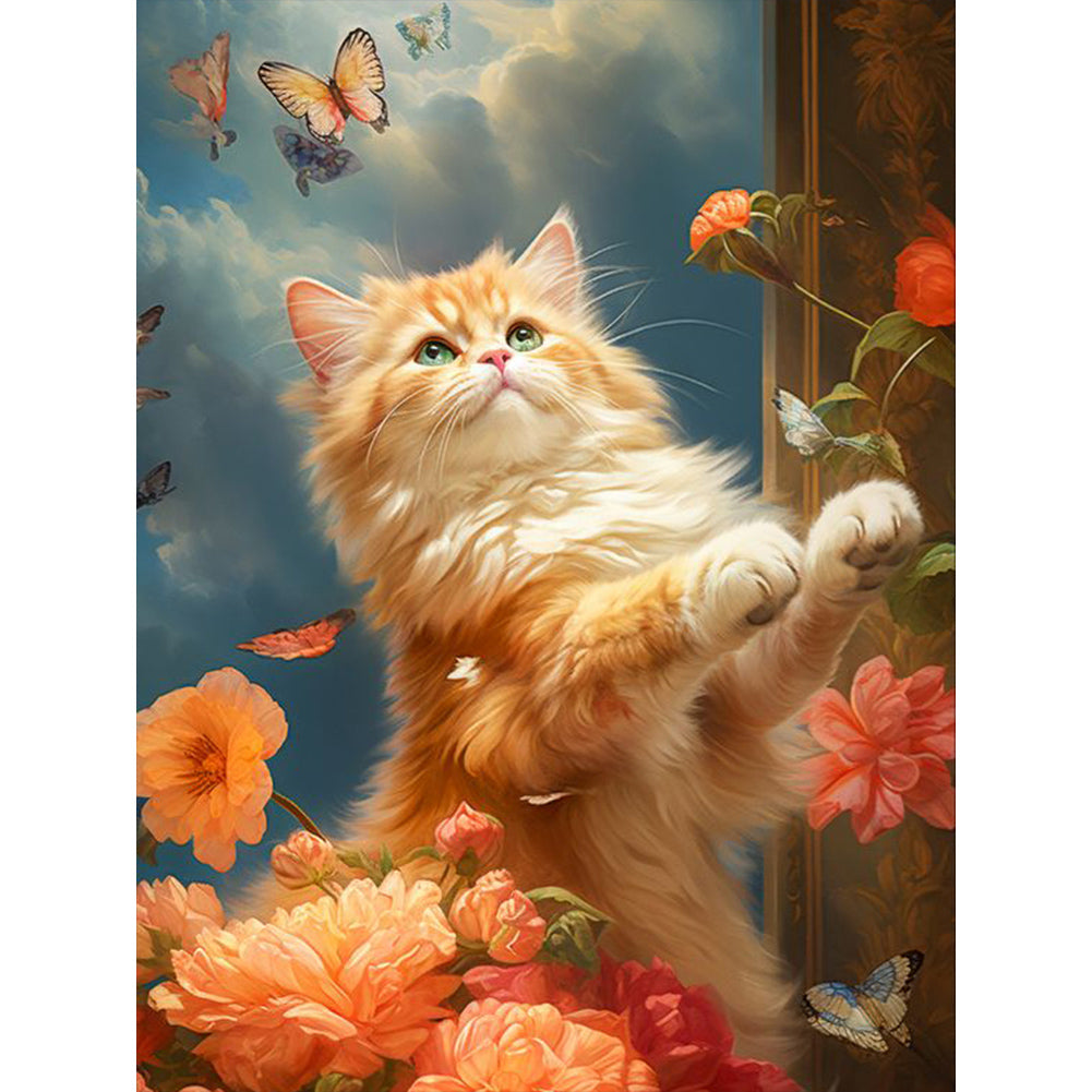 Diamond Painting - Full Round - cat fluttering butterfly (30*40CM)