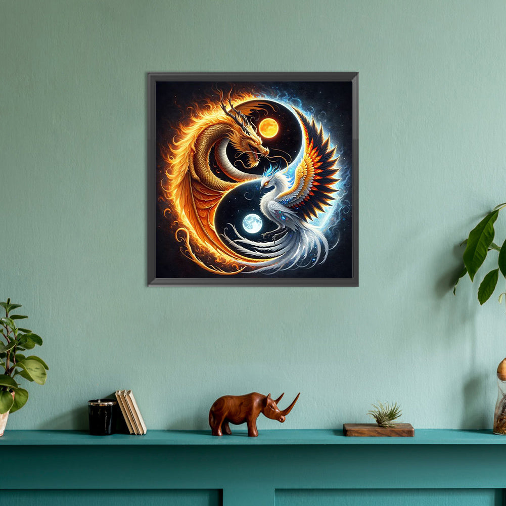 Diamond Painting - Full Round - Fire dragon ice phoenix yin and yang diagram (30*30CM)