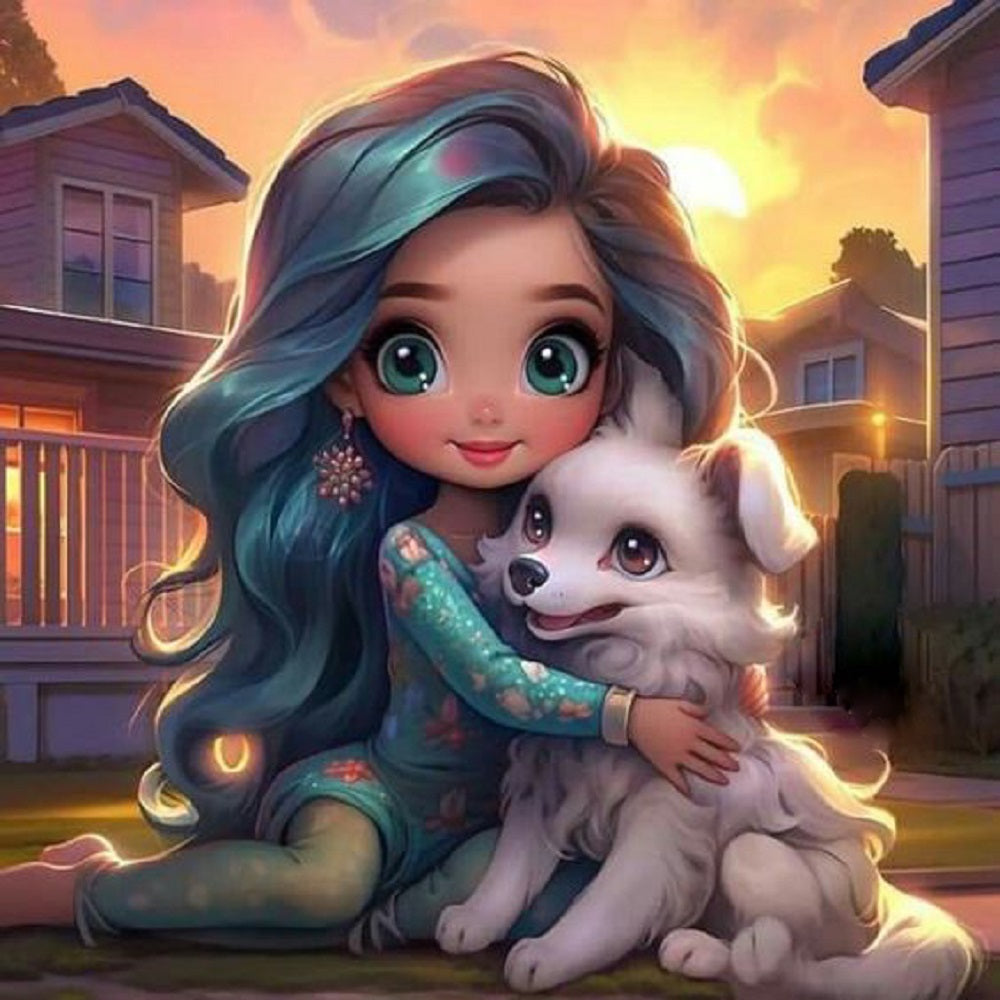 Diamond Painting - Full Round - dog and girl (30*30CM)