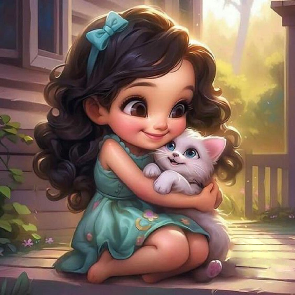 Diamond Painting - Full Round - kitten and girl (30*30CM)