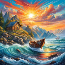 Load image into Gallery viewer, Diamond Painting - Full Round - Rising sun and lonely boat on the sea (30*30CM)

