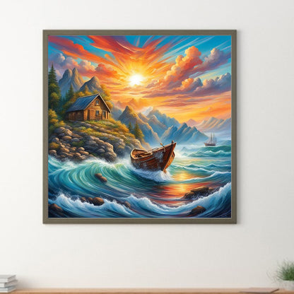 Diamond Painting - Full Round - Rising sun and lonely boat on the sea (30*30CM)