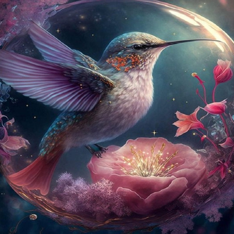 Diamond Painting - Full Round - Flowers and hummingbirds in crystal ball (30*40CM)