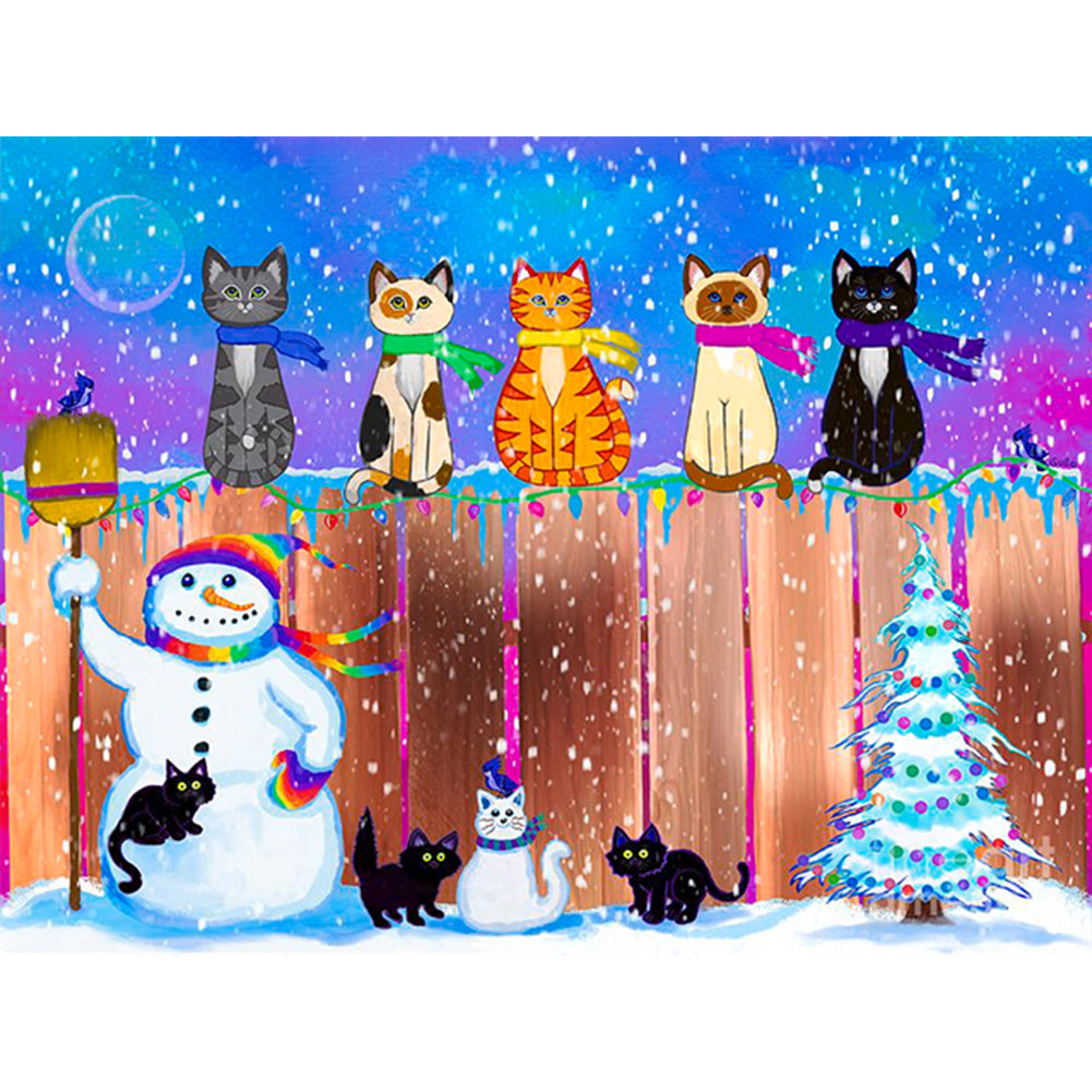 Diamond Painting - Full Round - Five cats and one snowman (40*30CM)
