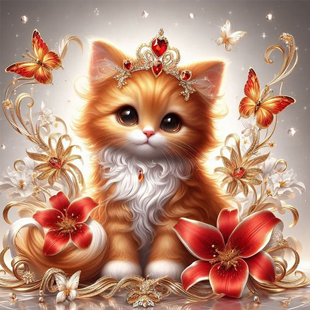 Diamond Painting - Full Round - Royal orange cat with flowers and butterflies (30*30CM)