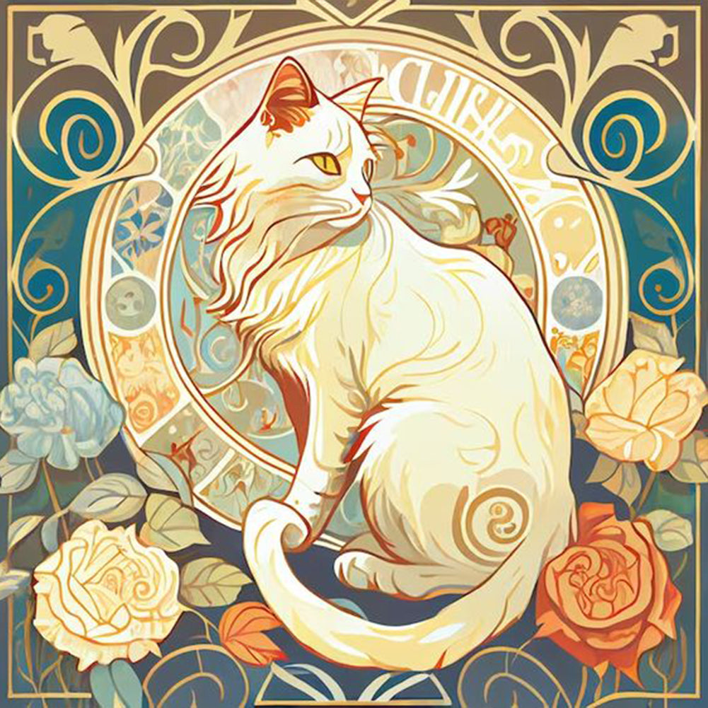 Diamond Painting - Full Round - white cat and rose (30*30CM)