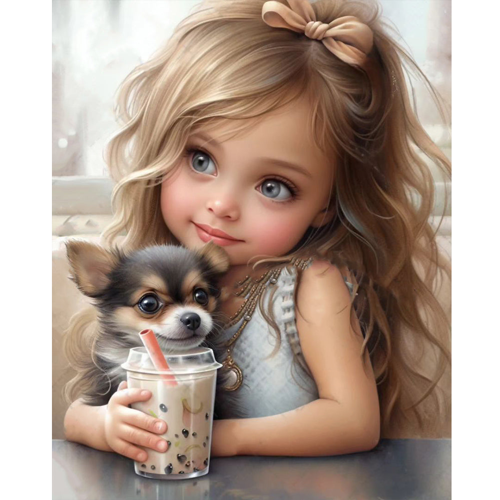 Diamond Painting - Full Round - Girl drinking milk tea with puppy (40*50CM)