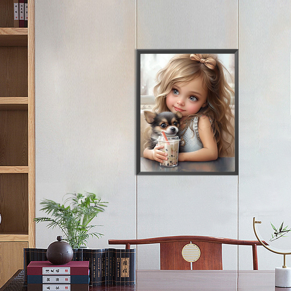 Diamond Painting - Full Round - Girl drinking milk tea with puppy (40*50CM)