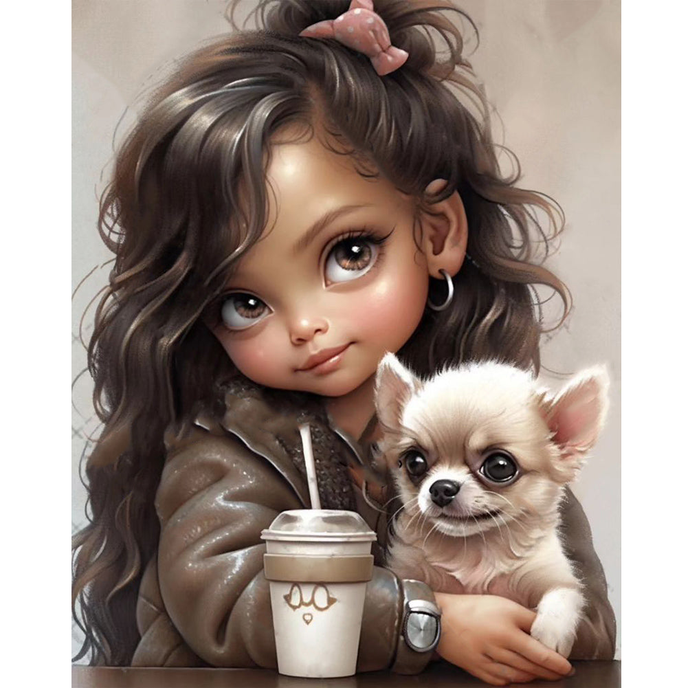 Diamond Painting - Full Round - Girl drinking coffee with puppy (40*50CM)