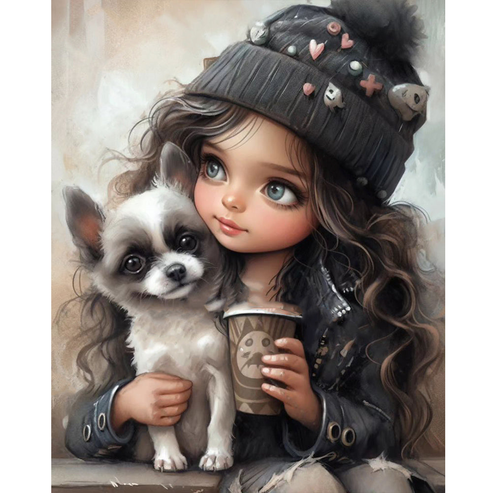 Diamond Painting - Full Round - Girl drinking coffee with puppy (40*50CM)