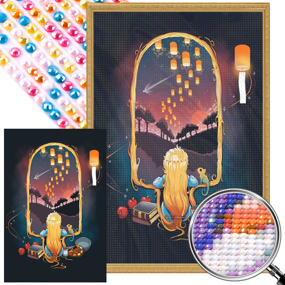 AB Diamond Painting - Full Round - Quiet Night Girl and Kongming Lantern (40*60CM)
