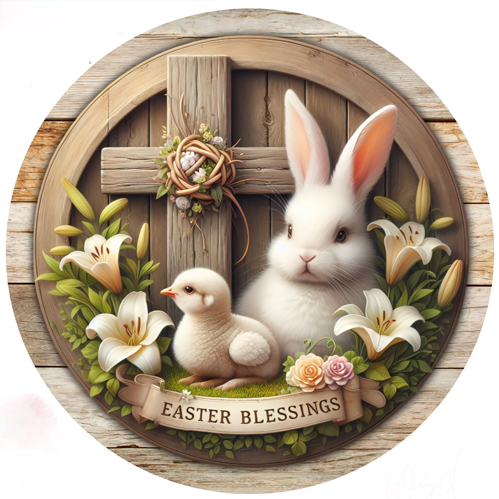 Diamond Painting - Full Round - Easter Blessing Bunny and Chick on Cross with Lily Christian Easter (30*30CM)