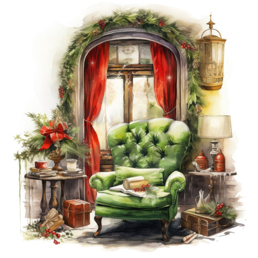 Diamond Painting - Full Round - Red curtain green sofa (30*30CM)