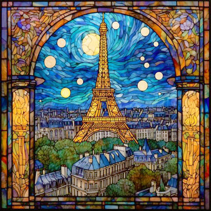 Diamond Painting - Full Round - Paris Eiffel Tower glass art at night (30*30CM)