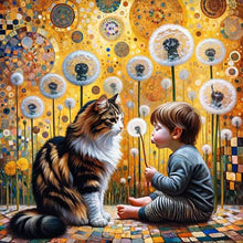 Load image into Gallery viewer, Diamond Painting - Full Round - Cat, dandelion and child (30*30CM)
