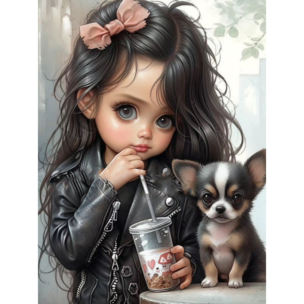 Diamond Painting - Full Round - girl and chihuahua (30*40CM)