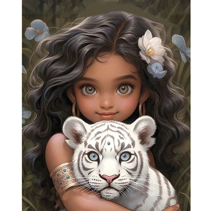 Diamond Painting - Full Round - girl and white tiger (40*50CM)