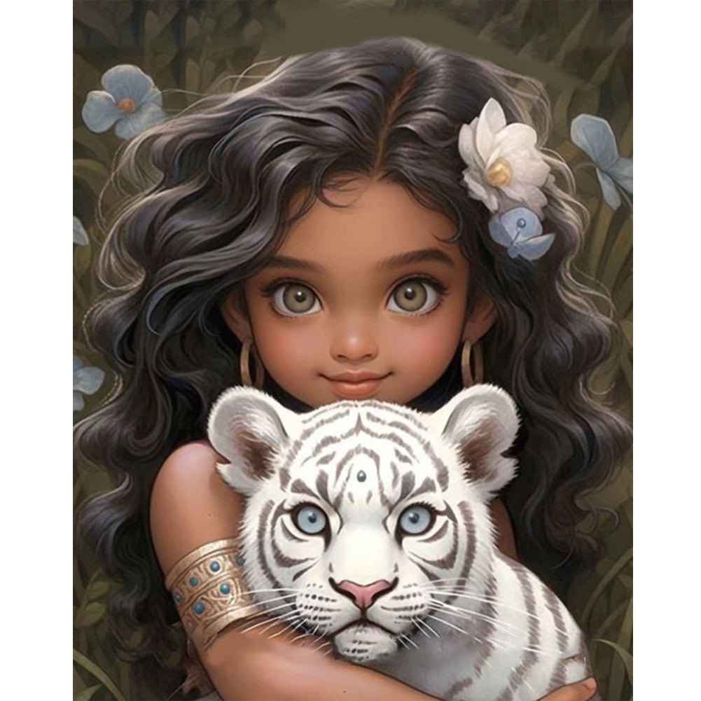 Diamond Painting - Full Round - girl and white tiger (40*50CM)