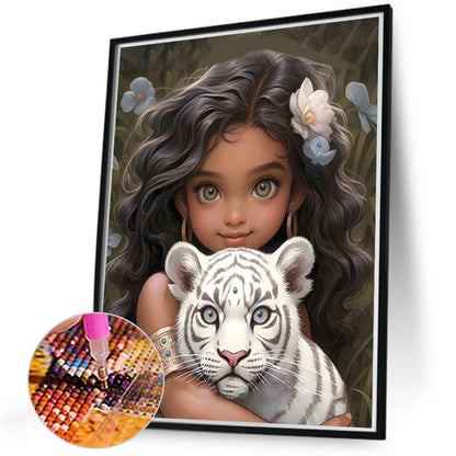 Diamond Painting - Full Round - girl and white tiger (40*50CM)