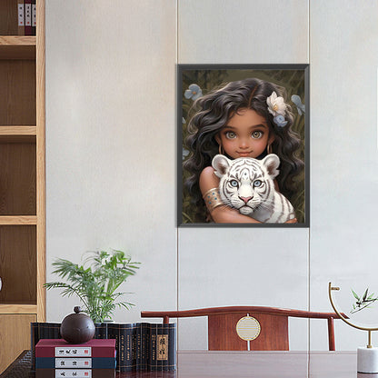 Diamond Painting - Full Round - girl and white tiger (40*50CM)