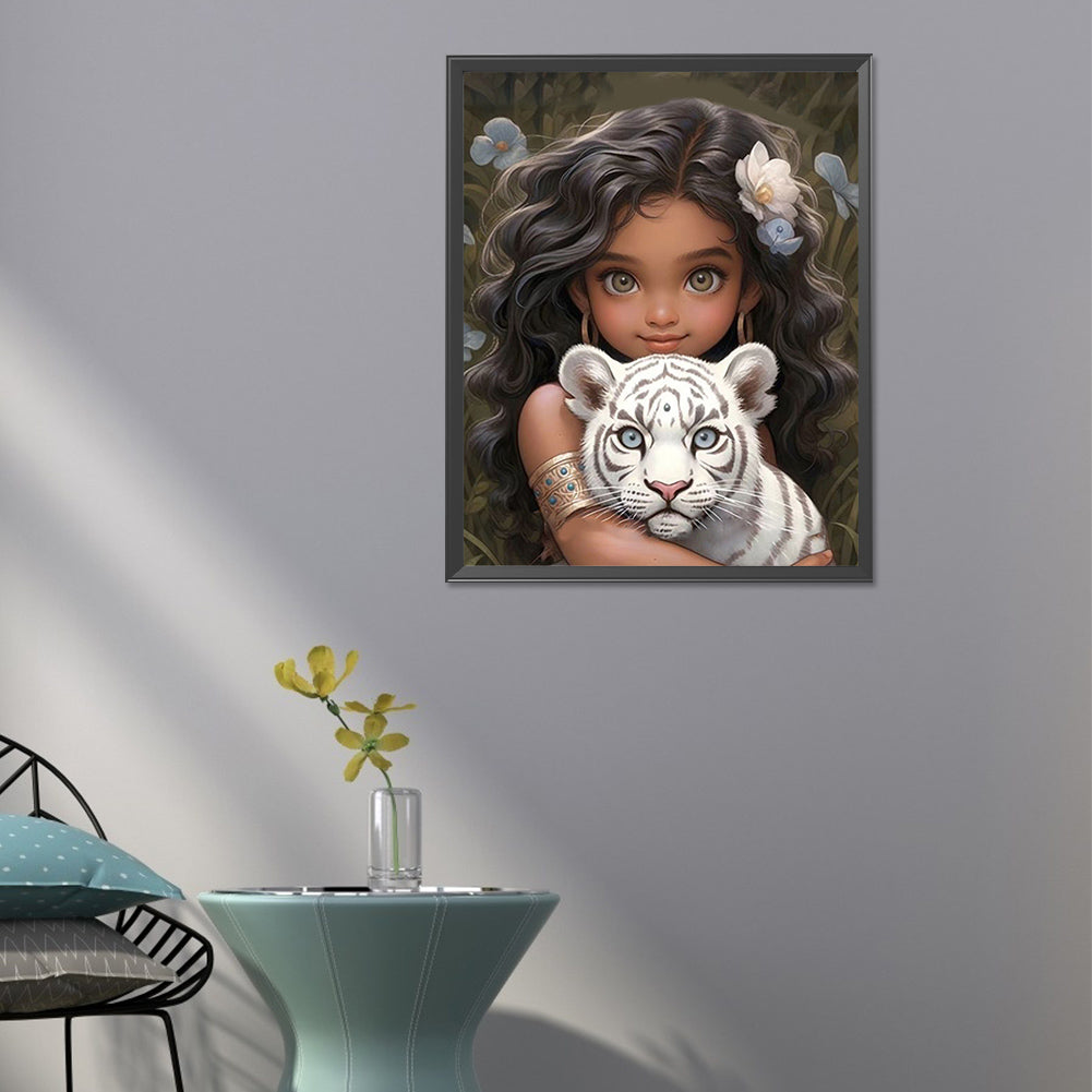 Diamond Painting - Full Round - girl and white tiger (40*50CM)